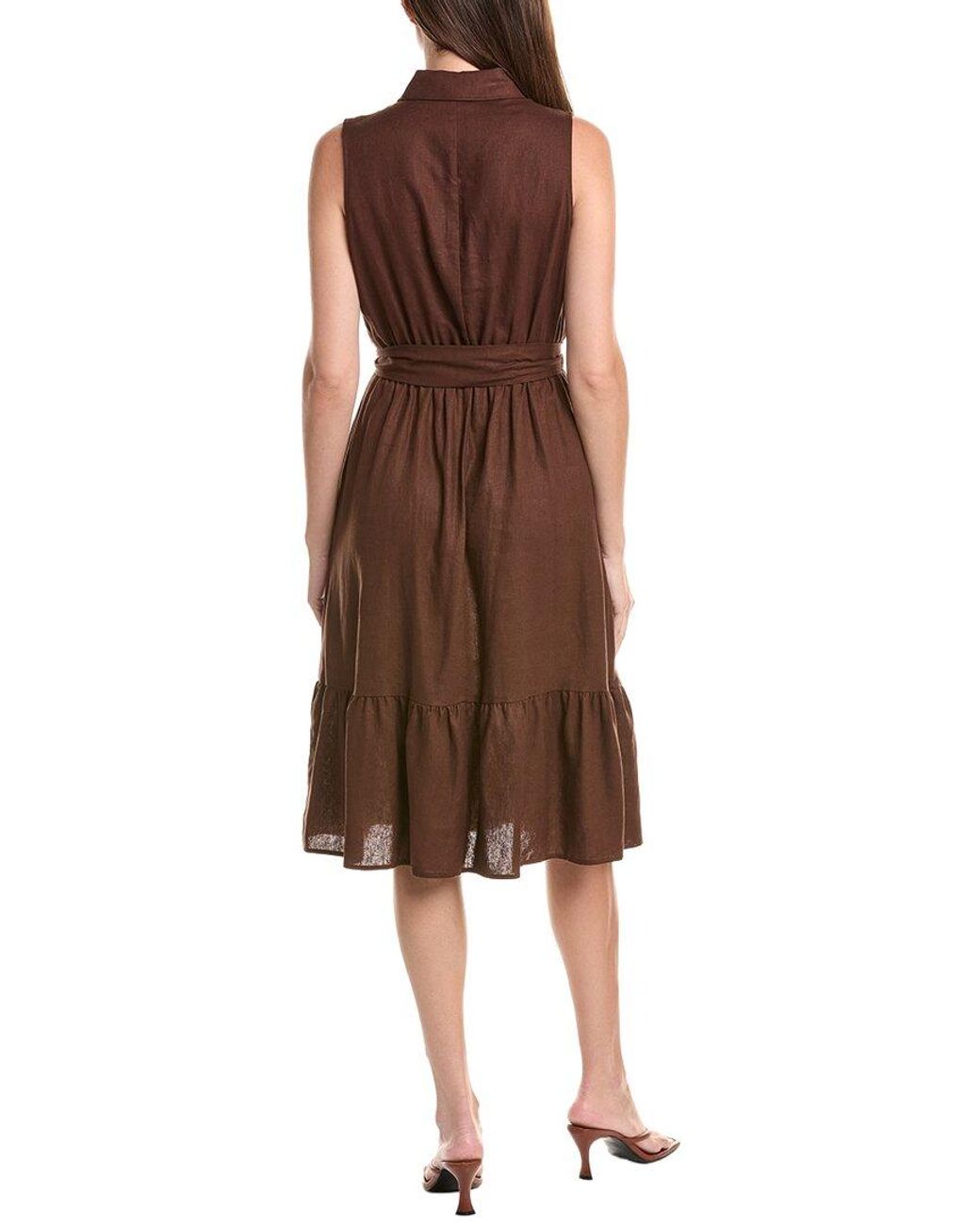 Jones New York Brown Belted Linen-Blend Midi Shirtdress