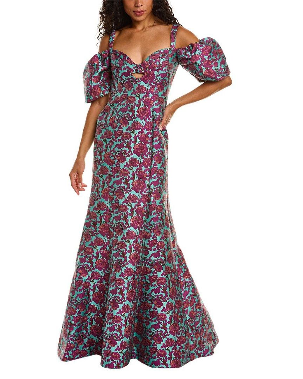 Zac Posen Purple Floral Jacquard Cold-shoulder Sweetheart Gown