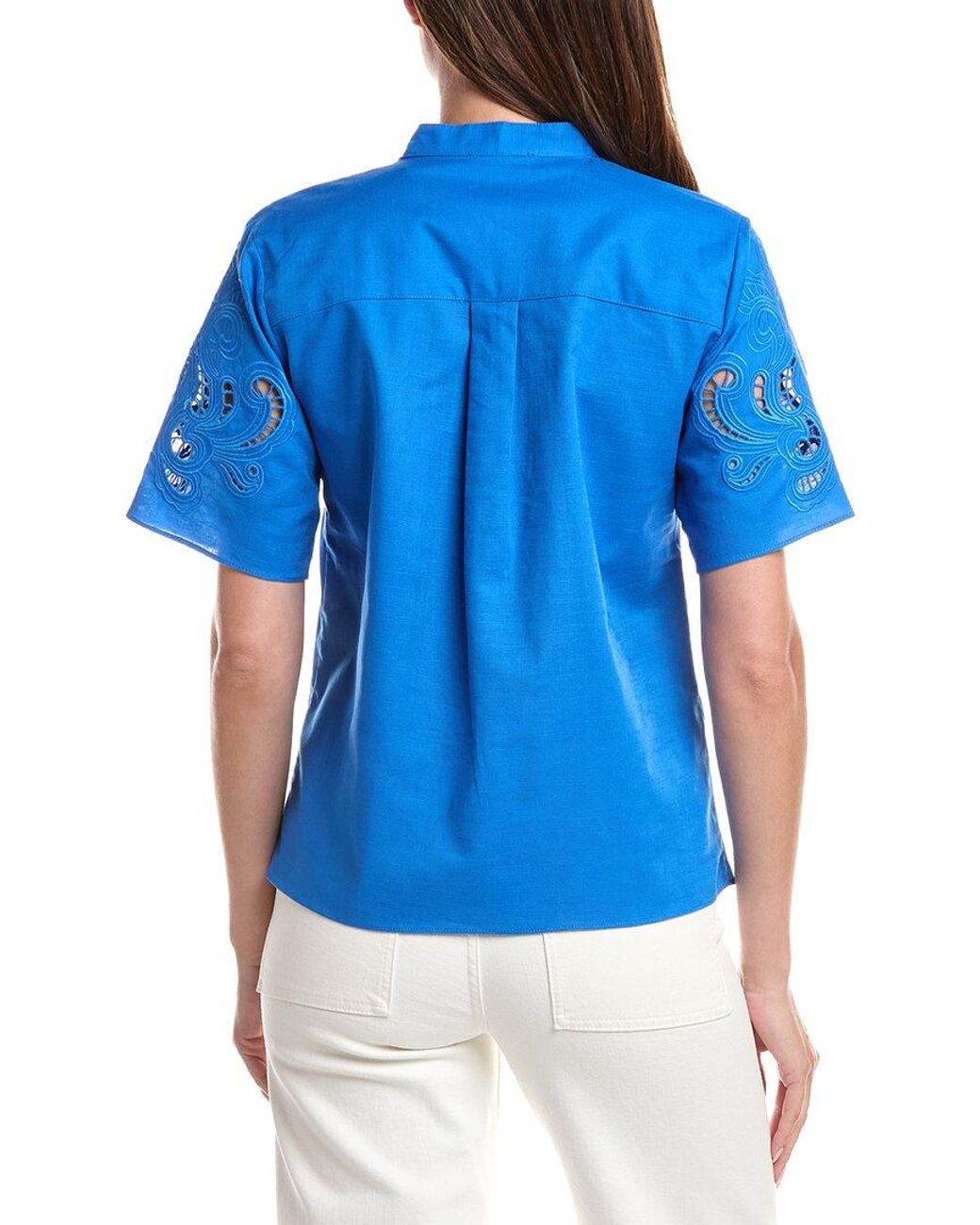 Tahari Blue Linen-Blend Solid Blouse