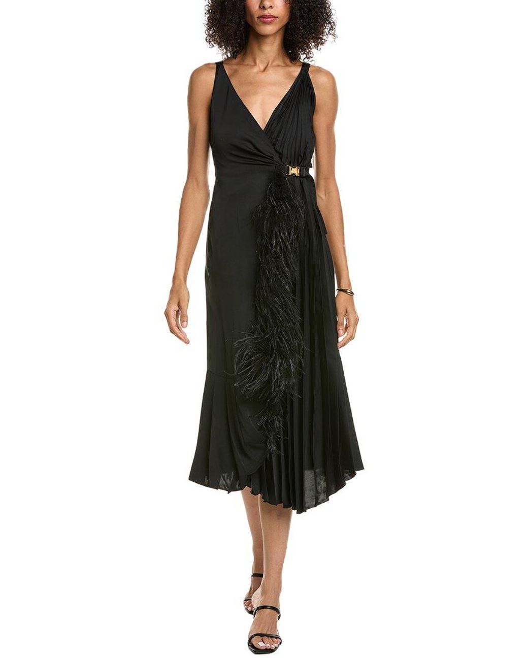 Prada Black Feather Trimmed Pleated Satin Wrap Dress
