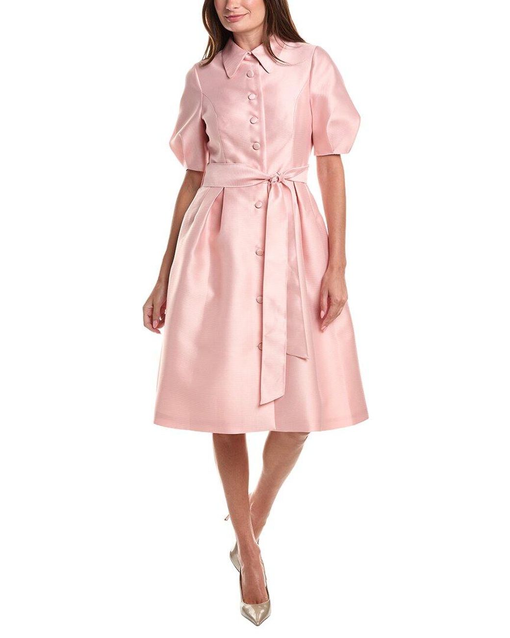 Teri Jon Pink Pique Faille Puff Sleeve Shirtdress