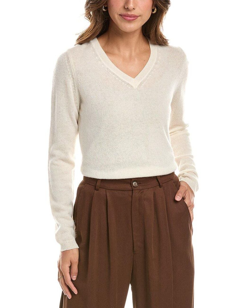 Forte White Basic V-Neck 100% Cashmere Pullover