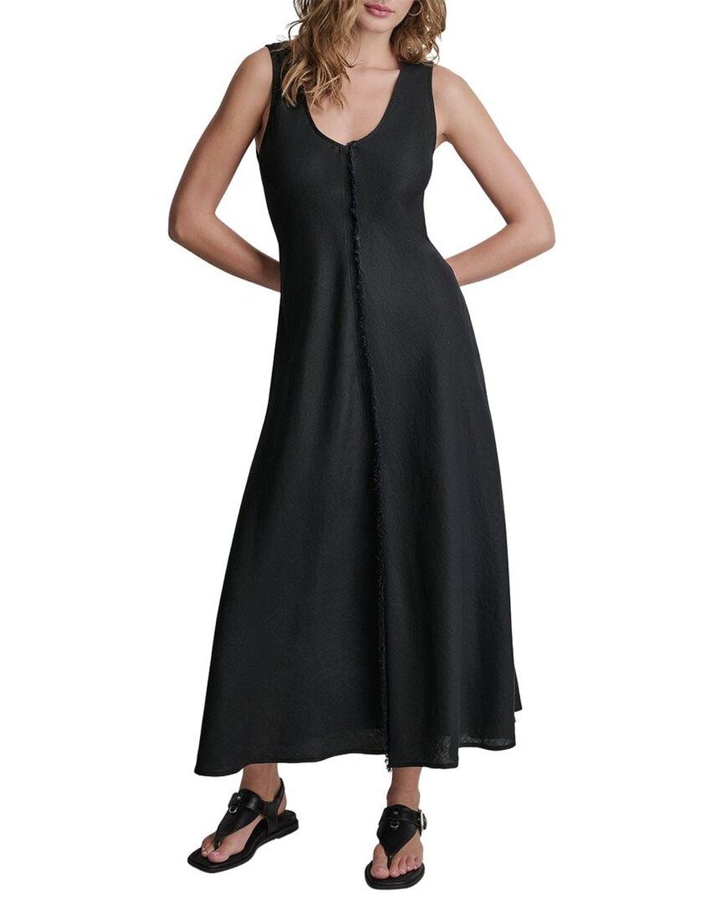 DKNY Black V-Neck Fray Seam Linen Dress