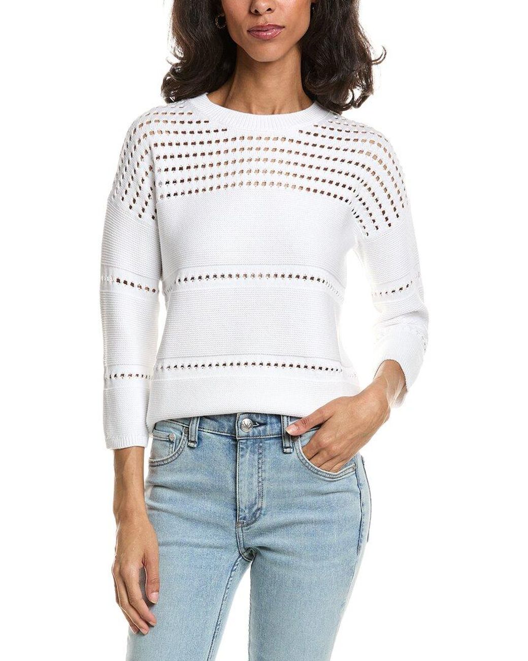 Forte White Textured Wide Stripe Pullover