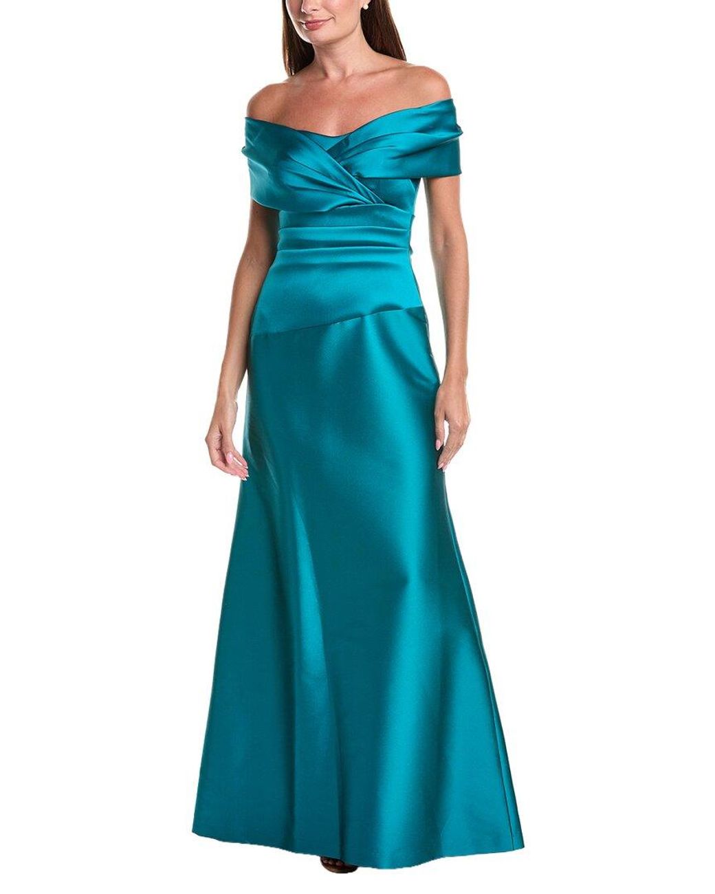 Teri Jon Blue Stretch Mikado Off-Shoulder Ruched Waist Dress