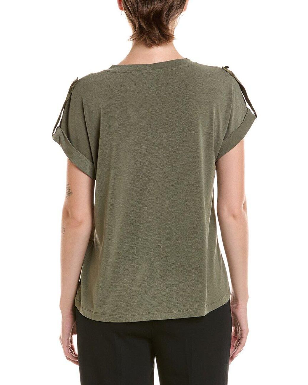 Jones New York Green Roll Cuff Tab V-Neck T-Shirt
