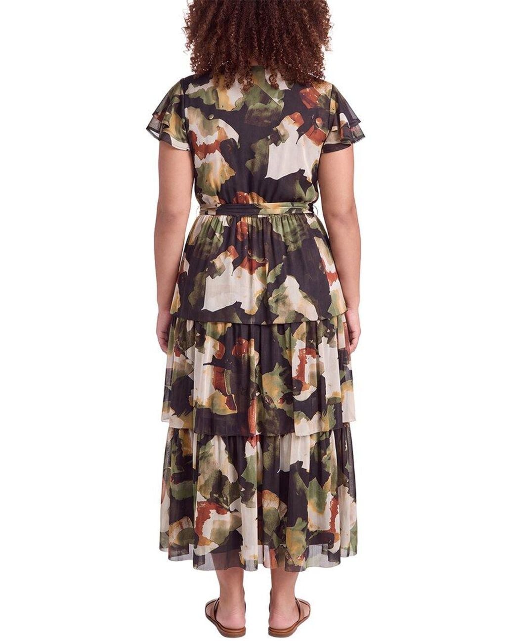 Anne Klein Brown Plus Flutter Sleeve Tiered Midi Dress