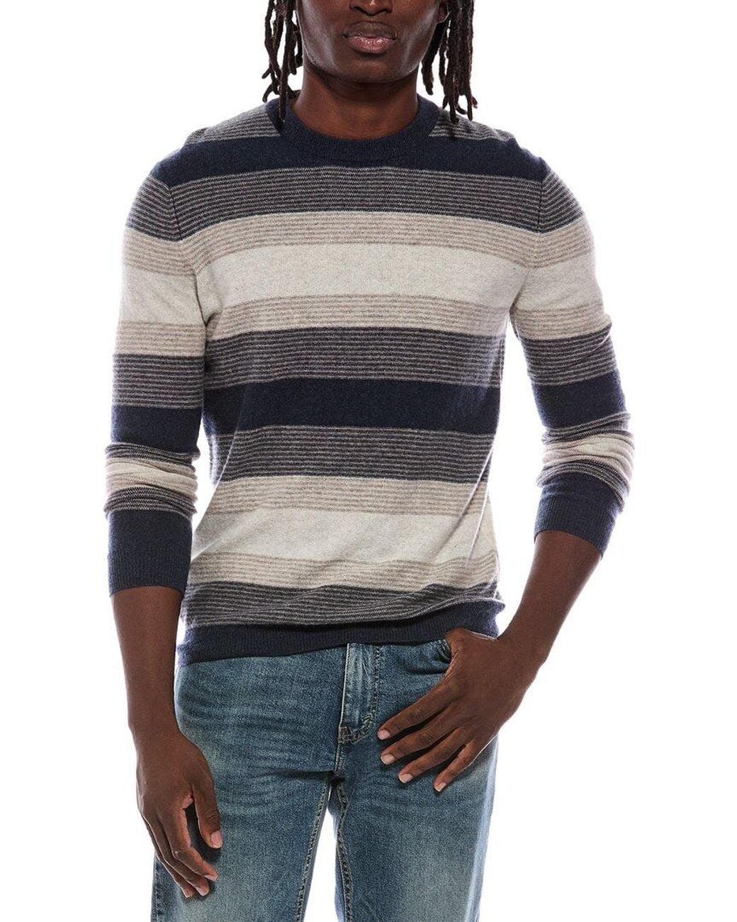 Autumn Cashmere Gray Multi Feeder Stripe 100% Cashmere Crewneck Sweater for men