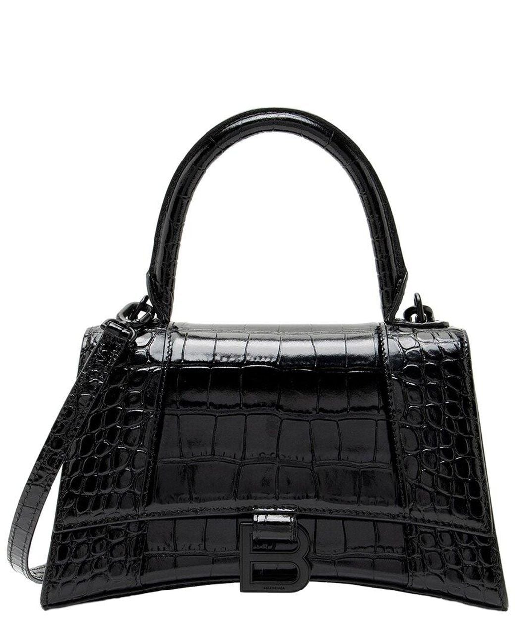 Balenciaga Black Shiny Croc-Embossed Calfskin Hourglass Small Top Handle (Authentic Pre-Loved)