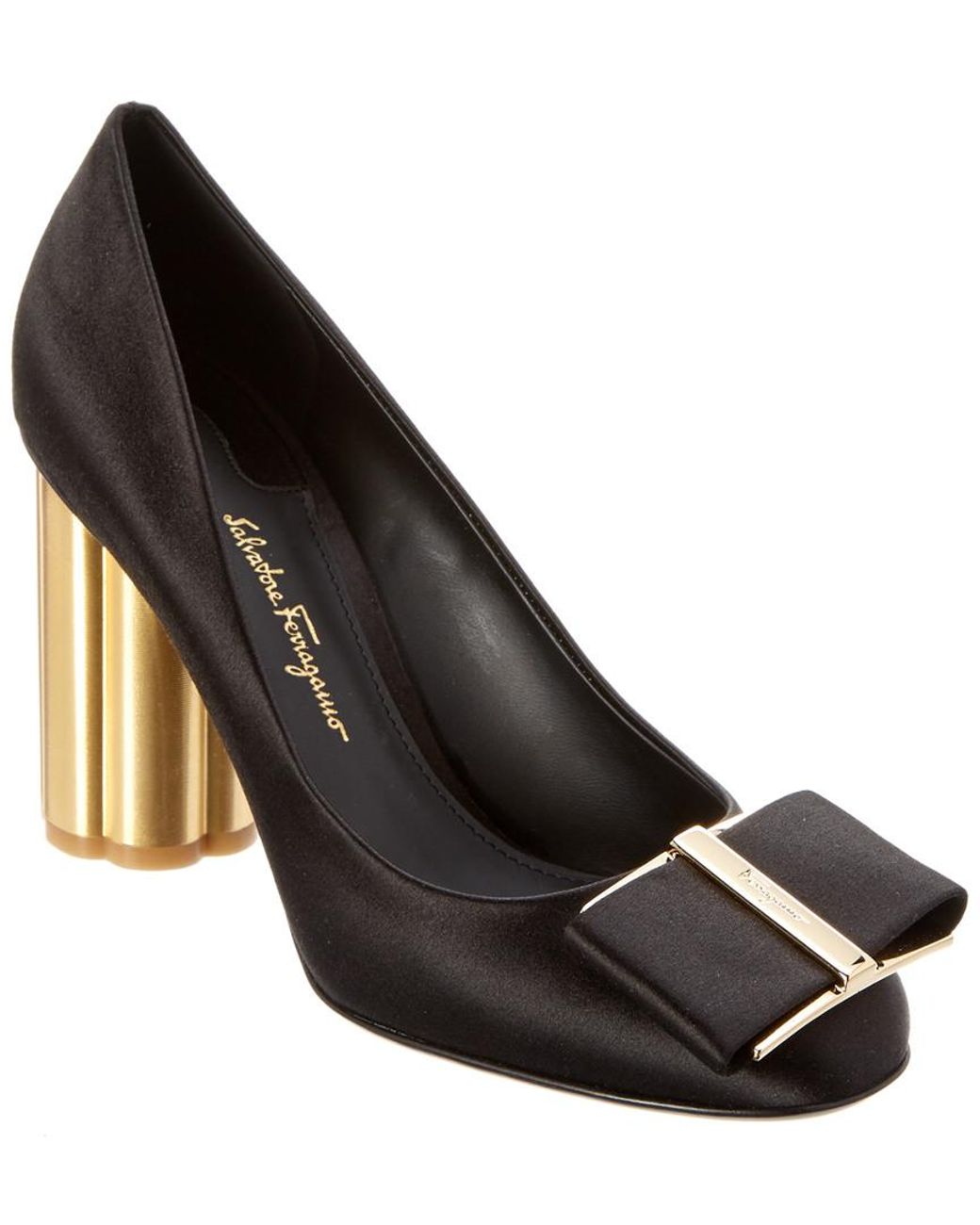 Ferragamo Capua Flower Heel Satin Pump in Black | Lyst