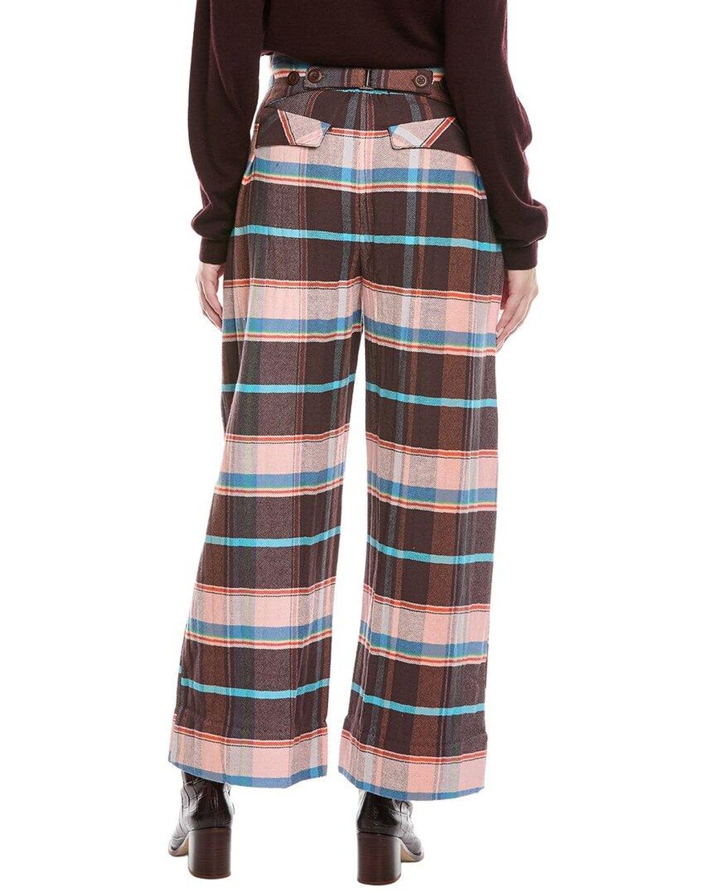 Free People Brown Buckle Back Plaid Trouser