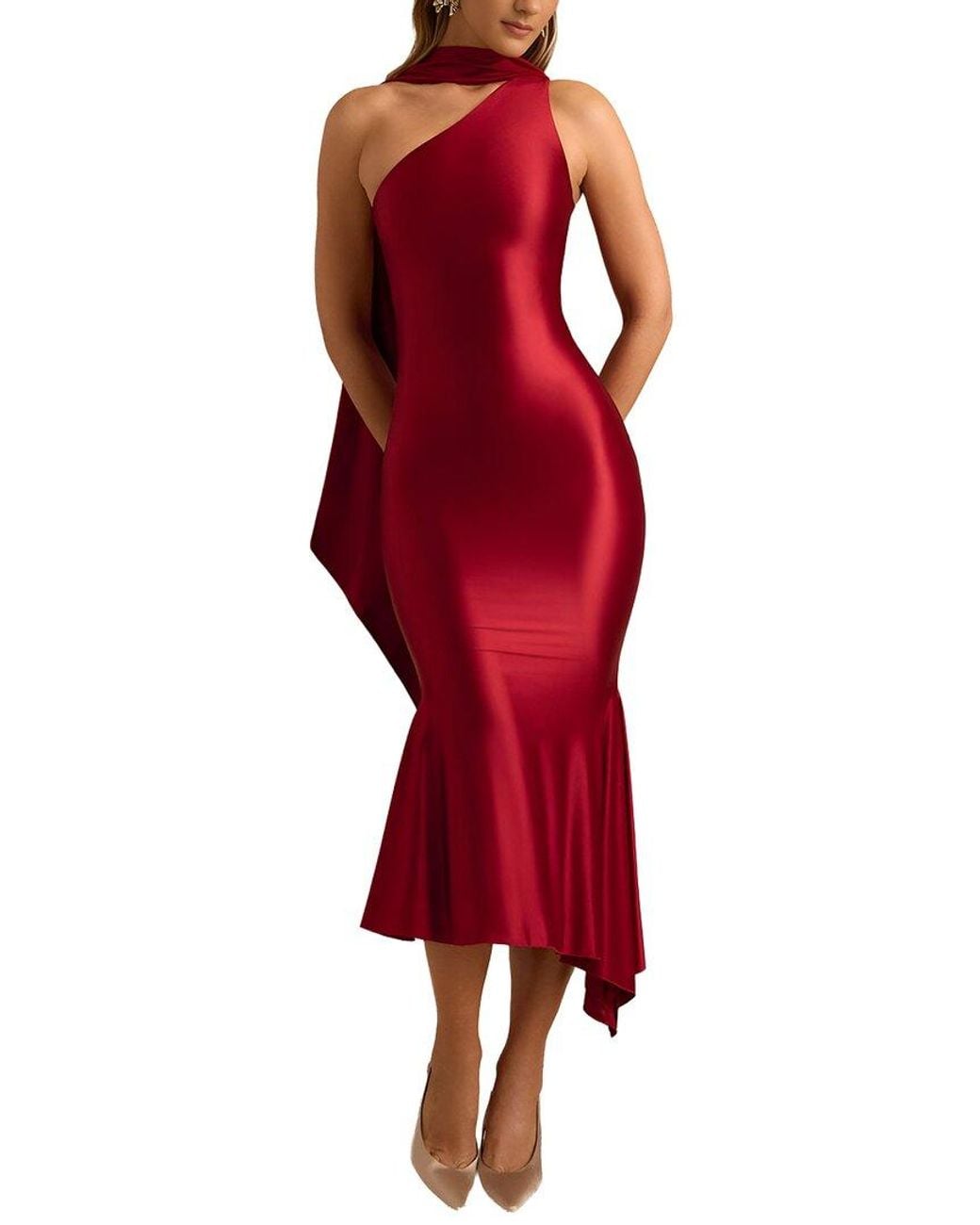 LOEY Red One-Shoulder Midi Dress