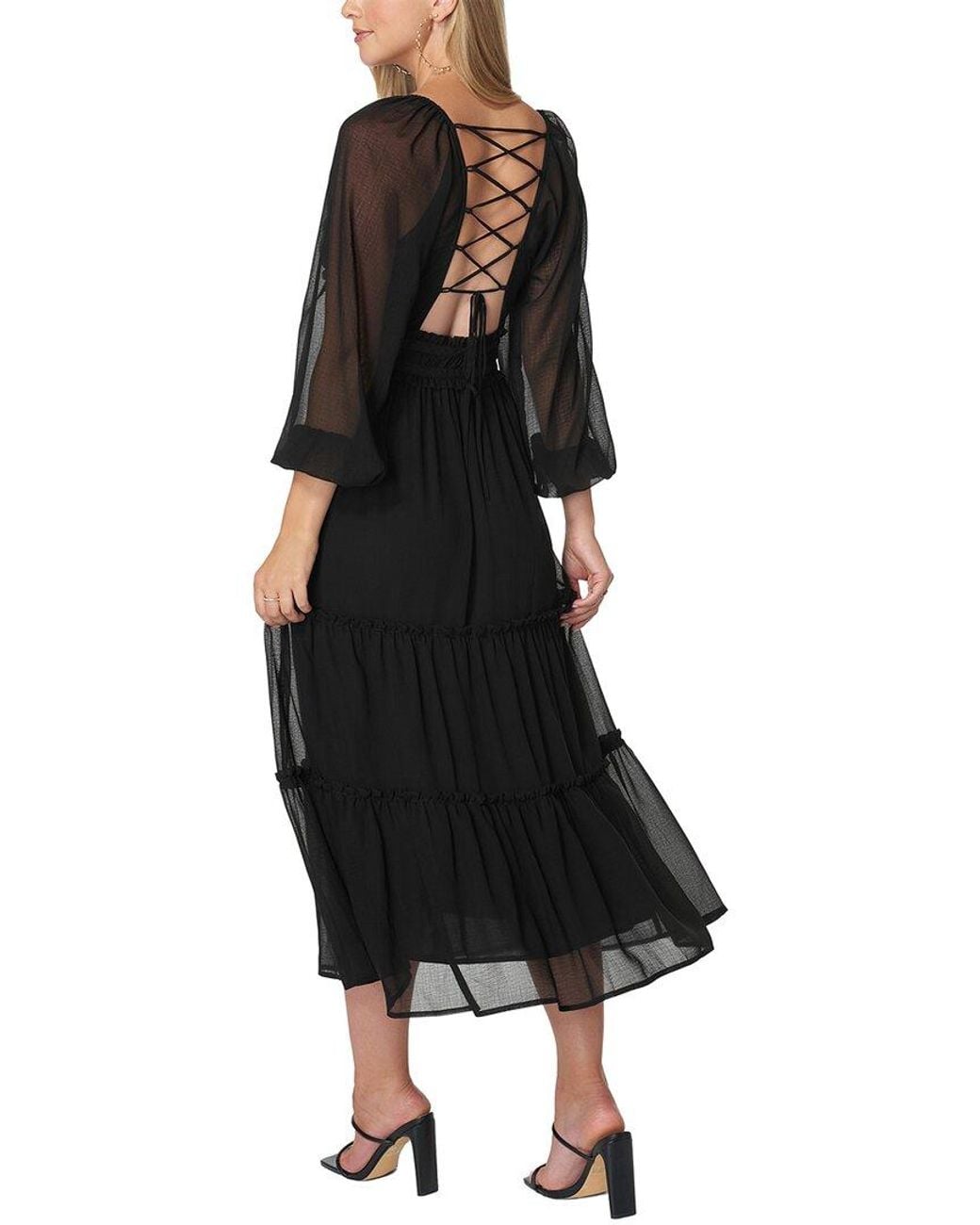 Bebe Black Lace Up Back Chiffon Midi Dress