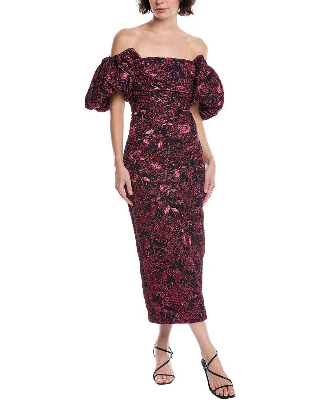 Lela Rose Red Metallic Jacquard Cocktail Dress