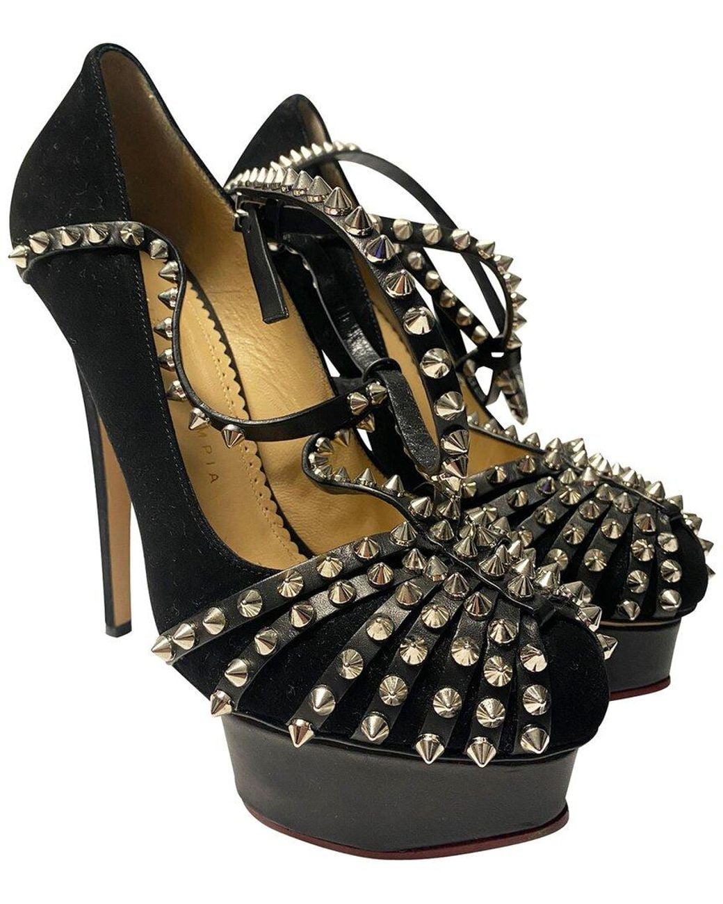 Charlotte Olympia Black Suede Angry Portia Studded Platform Pump, Never Worn (Authentic Pre-Loved)