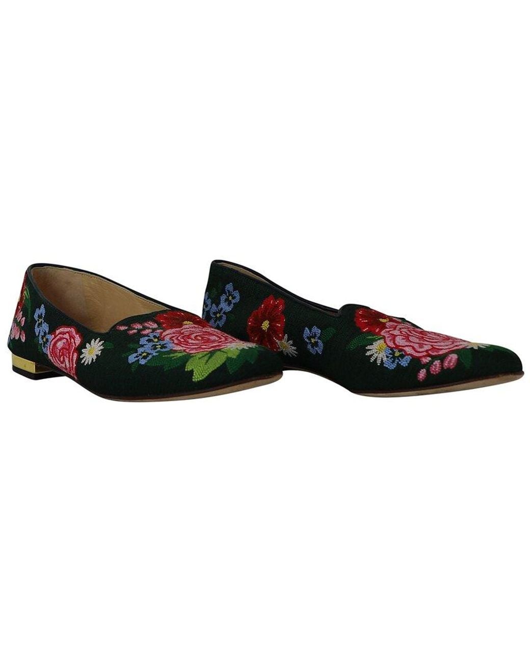 Charlotte Olympia Black Cotton Rose Garden Floral Embroidered Flat (authentic Pre-loved)