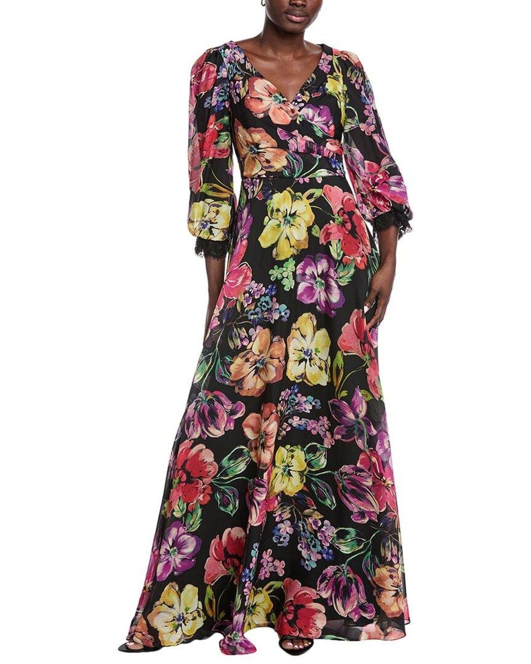 Teri Jon Red Floral Chiffon Silk Gown