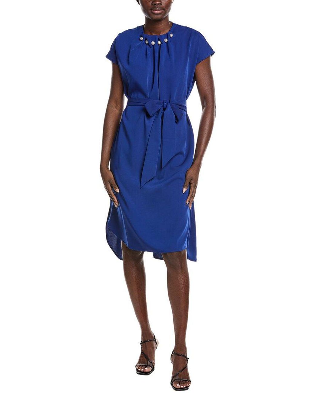 Gracia Blue Gathered Pearl Neck Midi Dress
