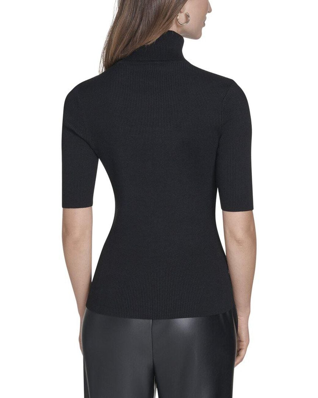 Halston Heritage Black 3/4 Sleeve Ribbed Turtleneck With Button Detail