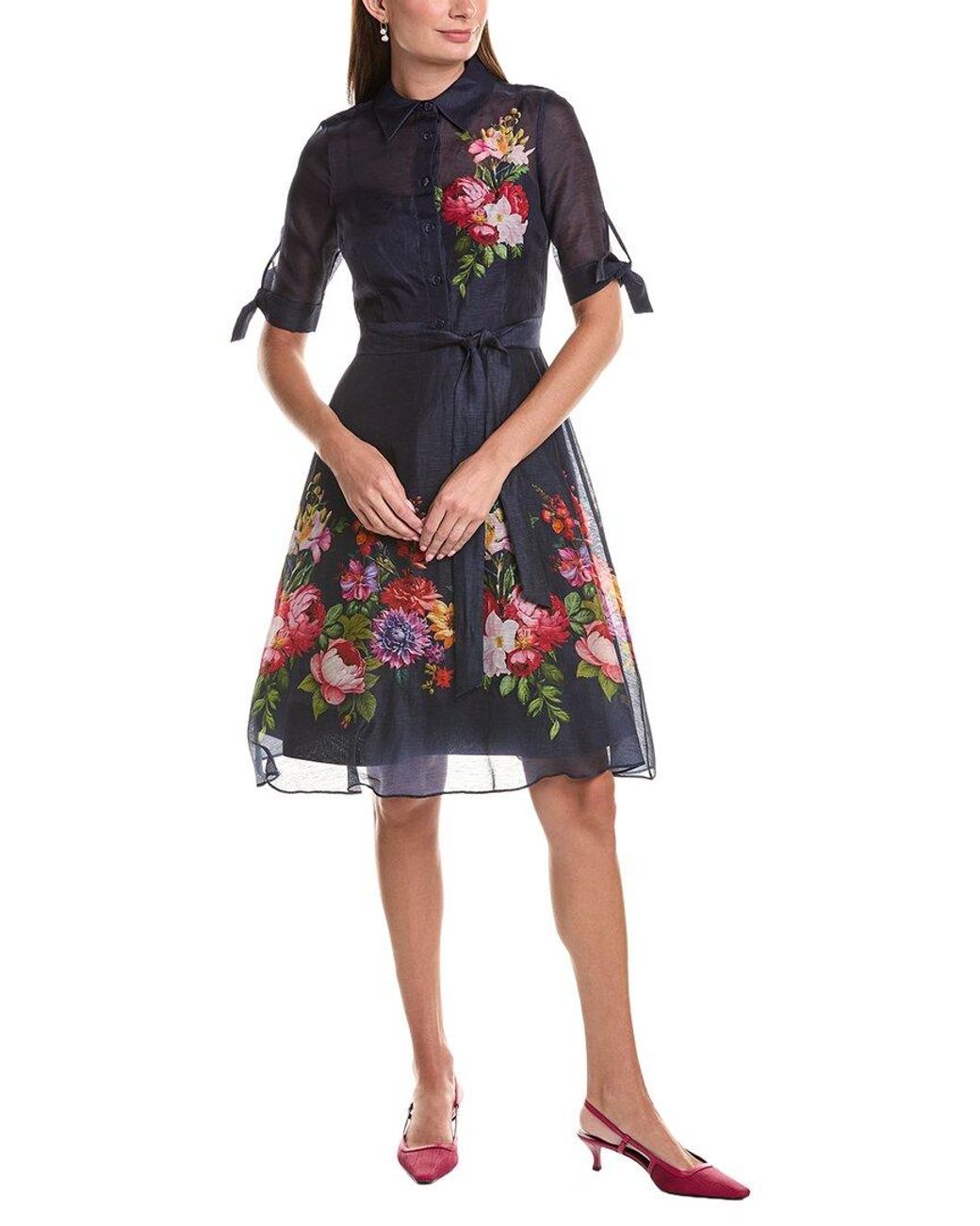 Teri Jon Blue Silk & Linen-Blend Shirtdress