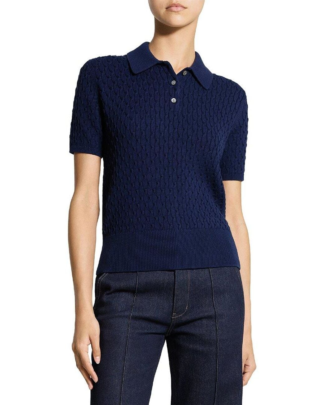 Theory Blue Textured Cable Polo Sweater