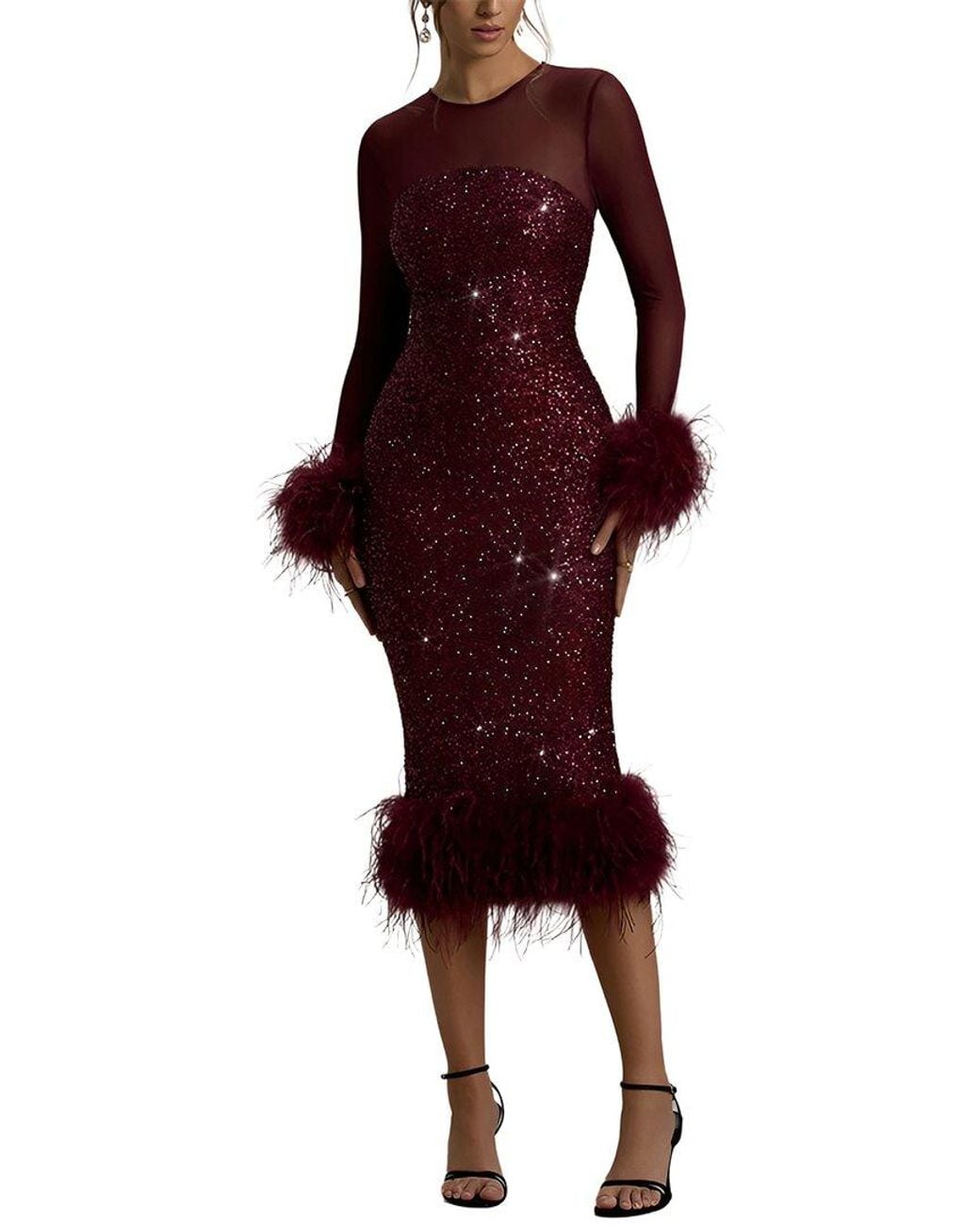 AMINA GLAM Red Long Sleeve Midi Dress