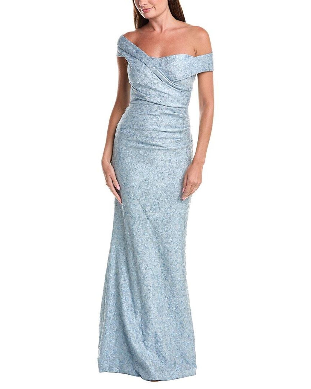 Teri Jon Blue Metallic Jacquard Off-Shoulder Pleated Gown
