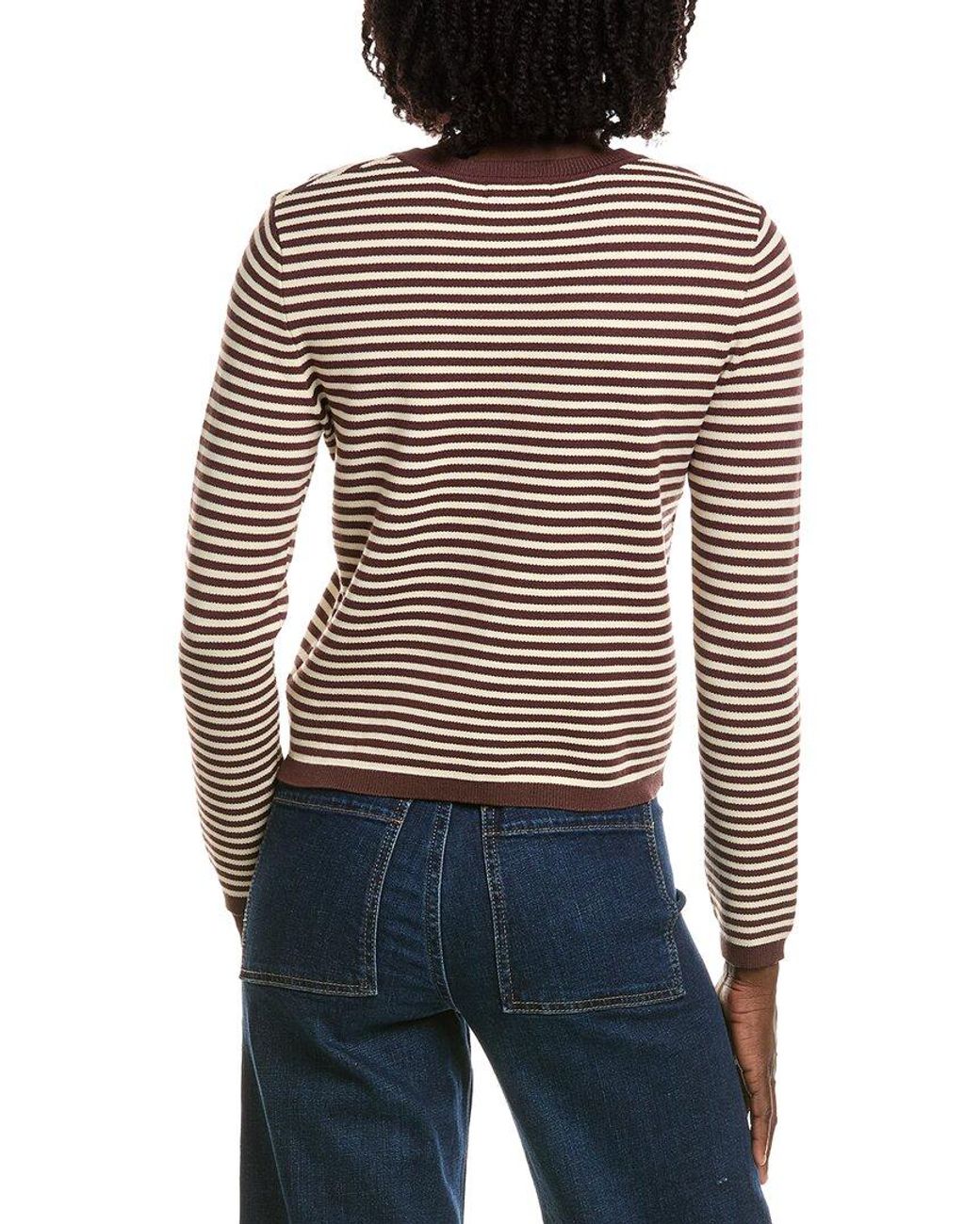 Tahari Blue Crewneck Striped Cropped Cardigan
