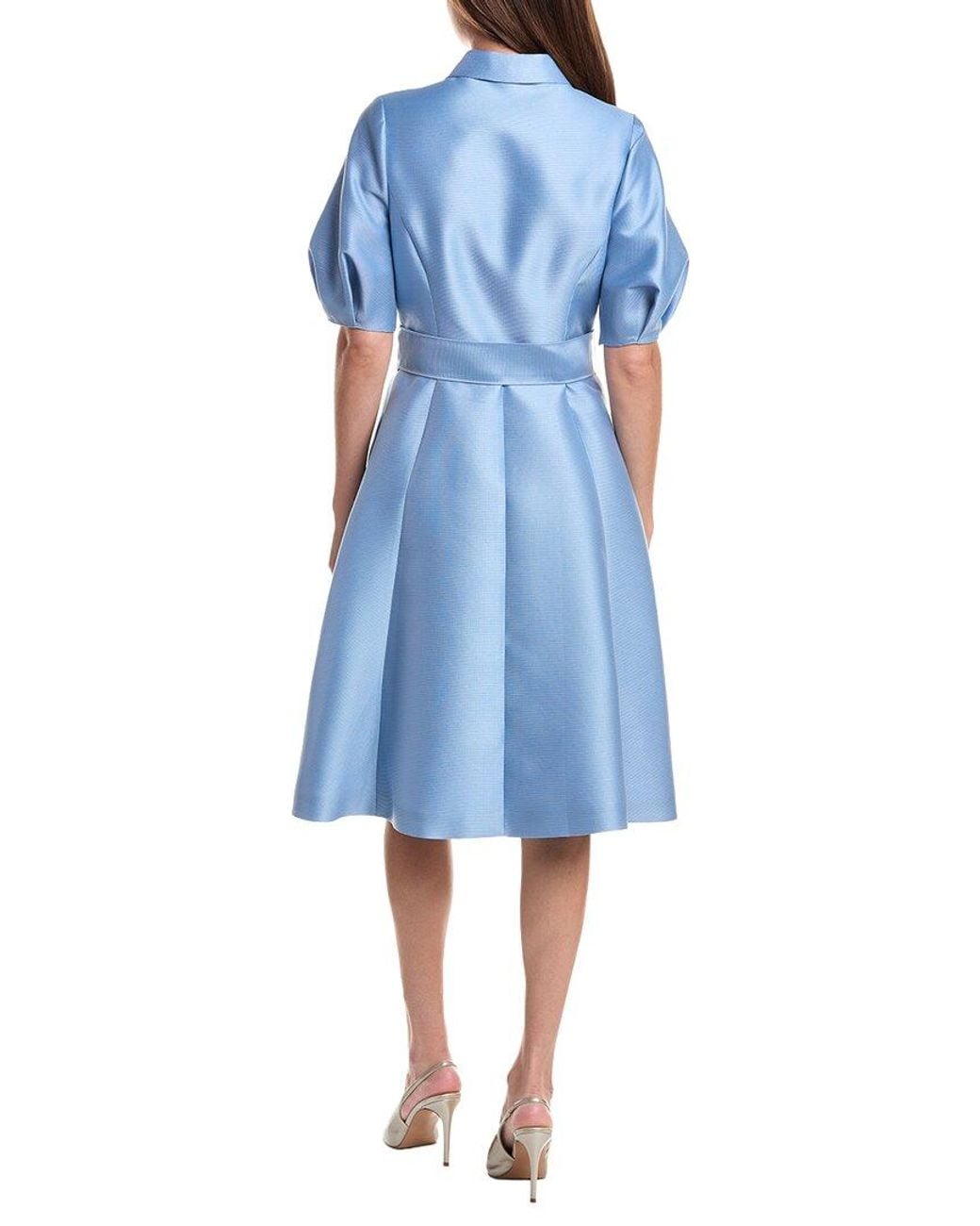 Teri Jon Blue Pique Faille Puff Sleeve Shirtdress