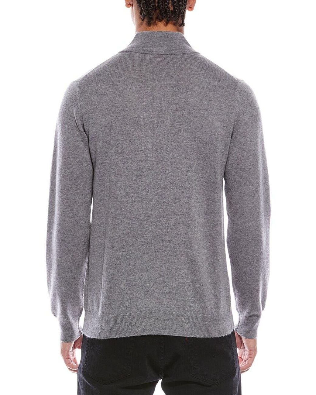 Brodie Cashmere Gray Rib Detail Wool & Cashmere-Blend 1/4-Zip Mock Neck Sweater for men