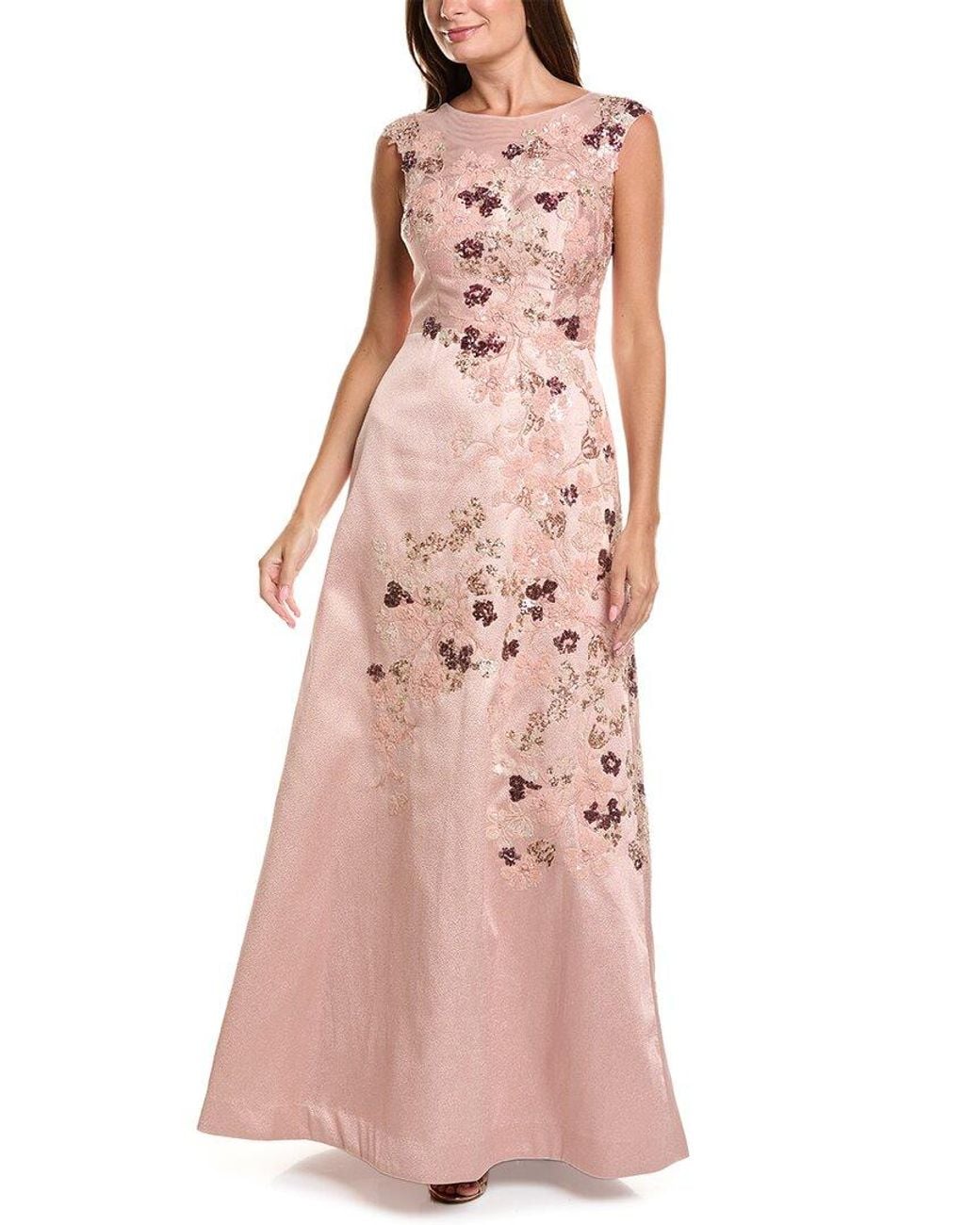 Teri Jon Pink Jacquard Applique Gown