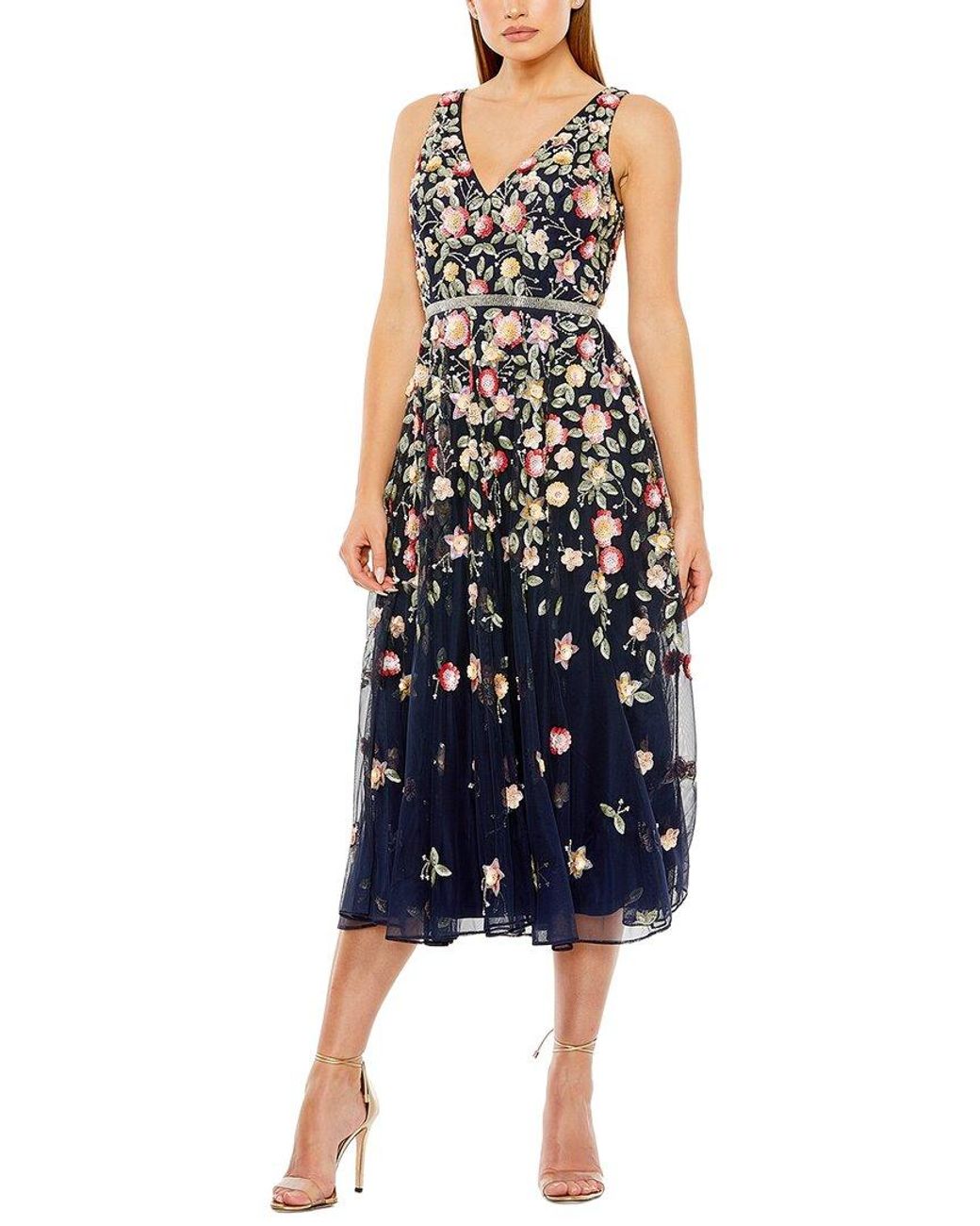 Mac Duggal Blue Embroidered Mesh V-Neck Sleeveless Midi Dress