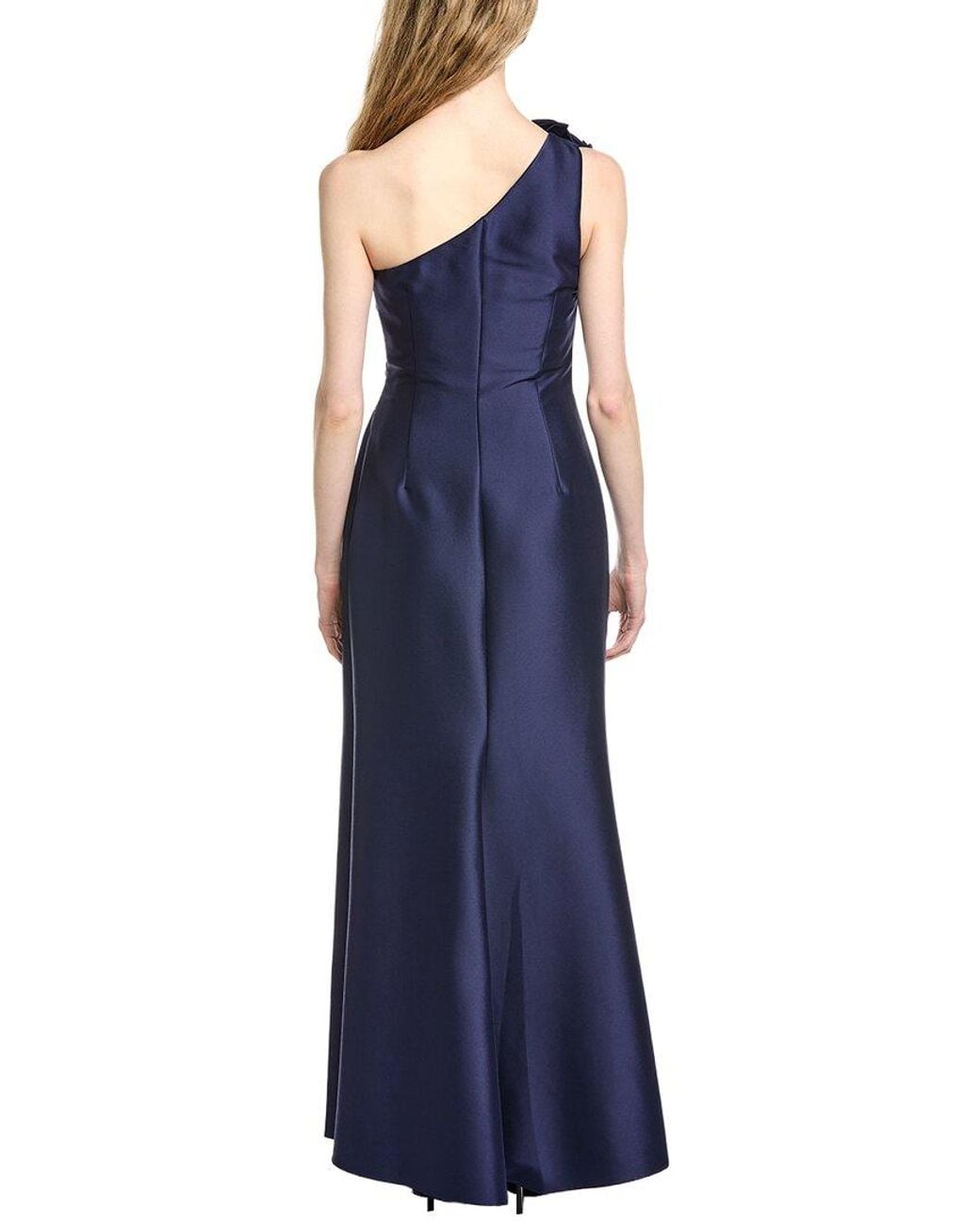 Badgley Mischka Blue Side Drape Flower Shoulder Gown