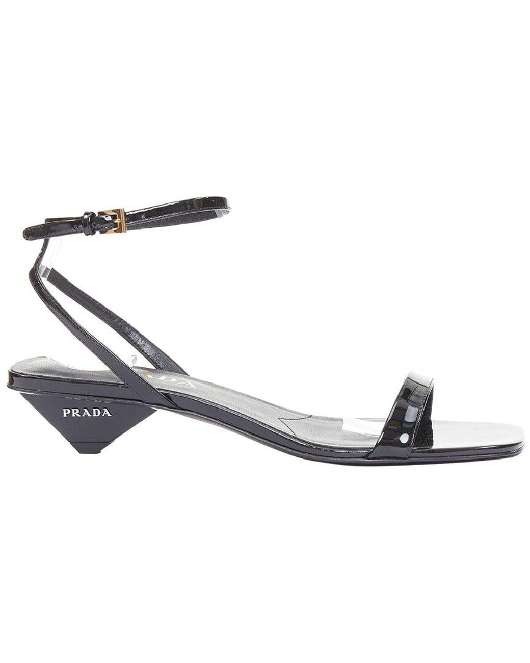 Prada Black Patent Leather Triangle Logo Kitten Sandal (Authentic Pre-Loved)