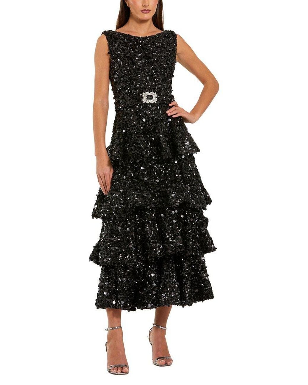 Mac Duggal Black Sequin Ruffle Midi Dress