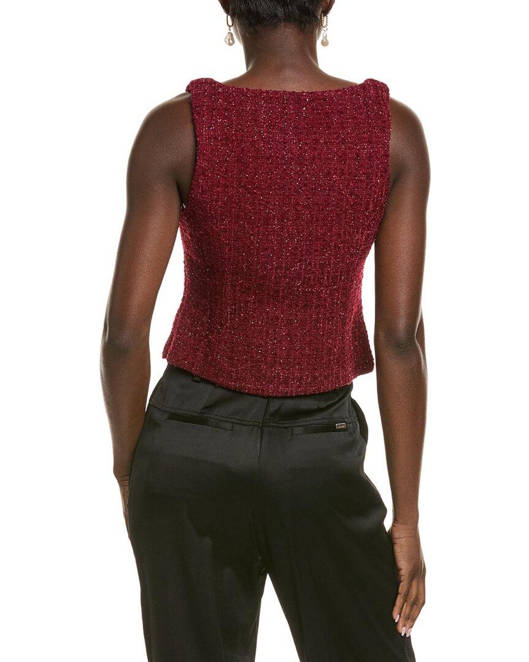 Endless Rose Red Tweed Scoop Neck Buttoned Wool-Blend Top