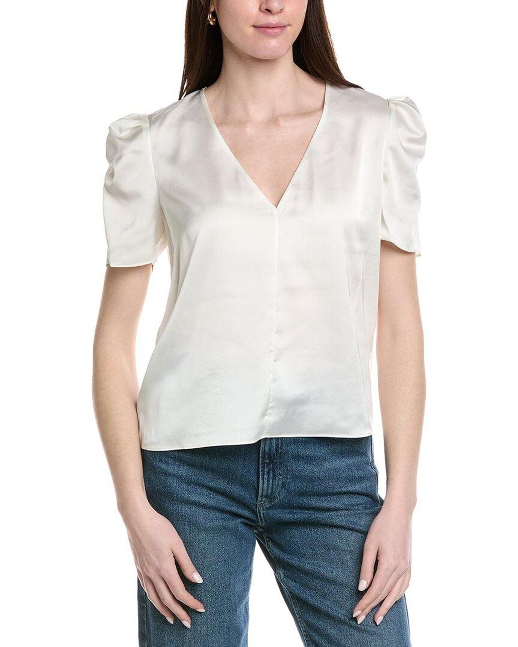 FRAME White The V-Neck Puff Sleeve Blouse
