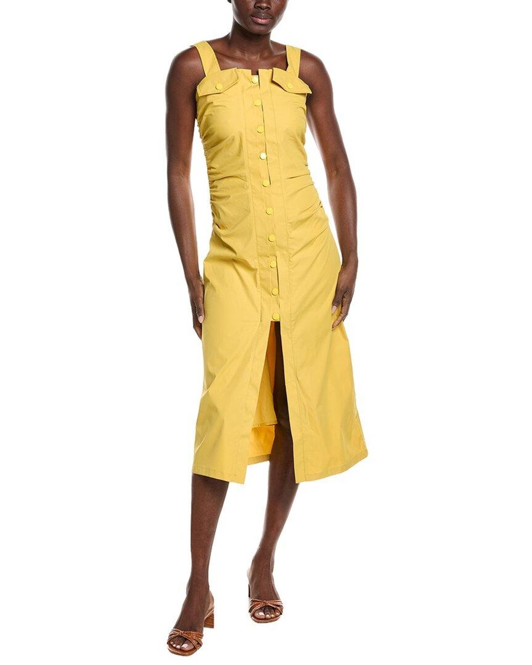 Gracia Yellow Side Gathered Front Slit Strap Midi Dress