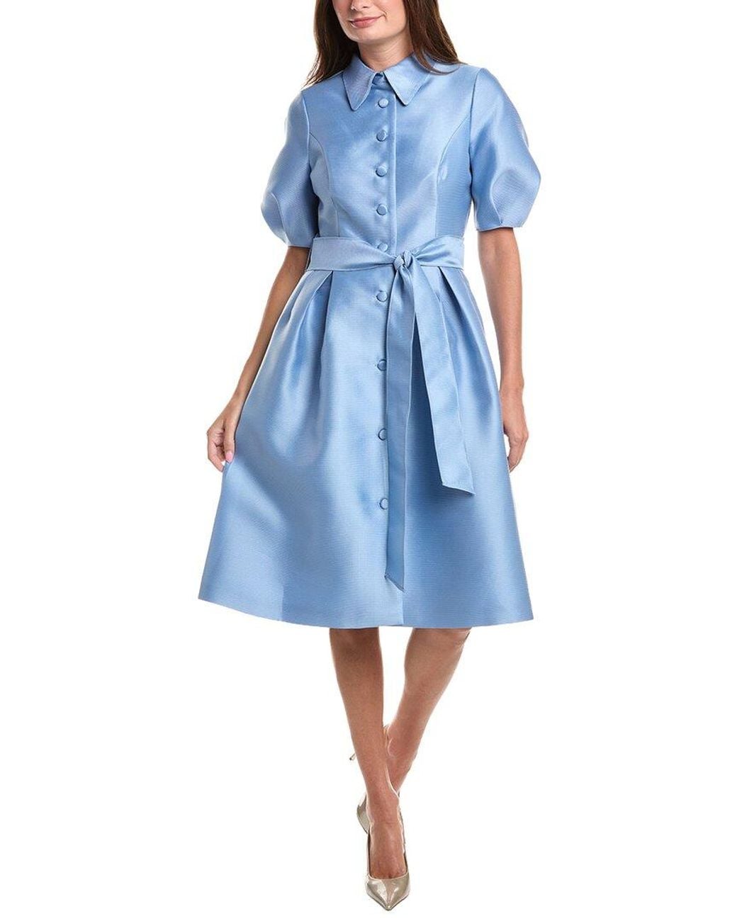 Teri Jon Blue Pique Faille Puff Sleeve Shirtdress