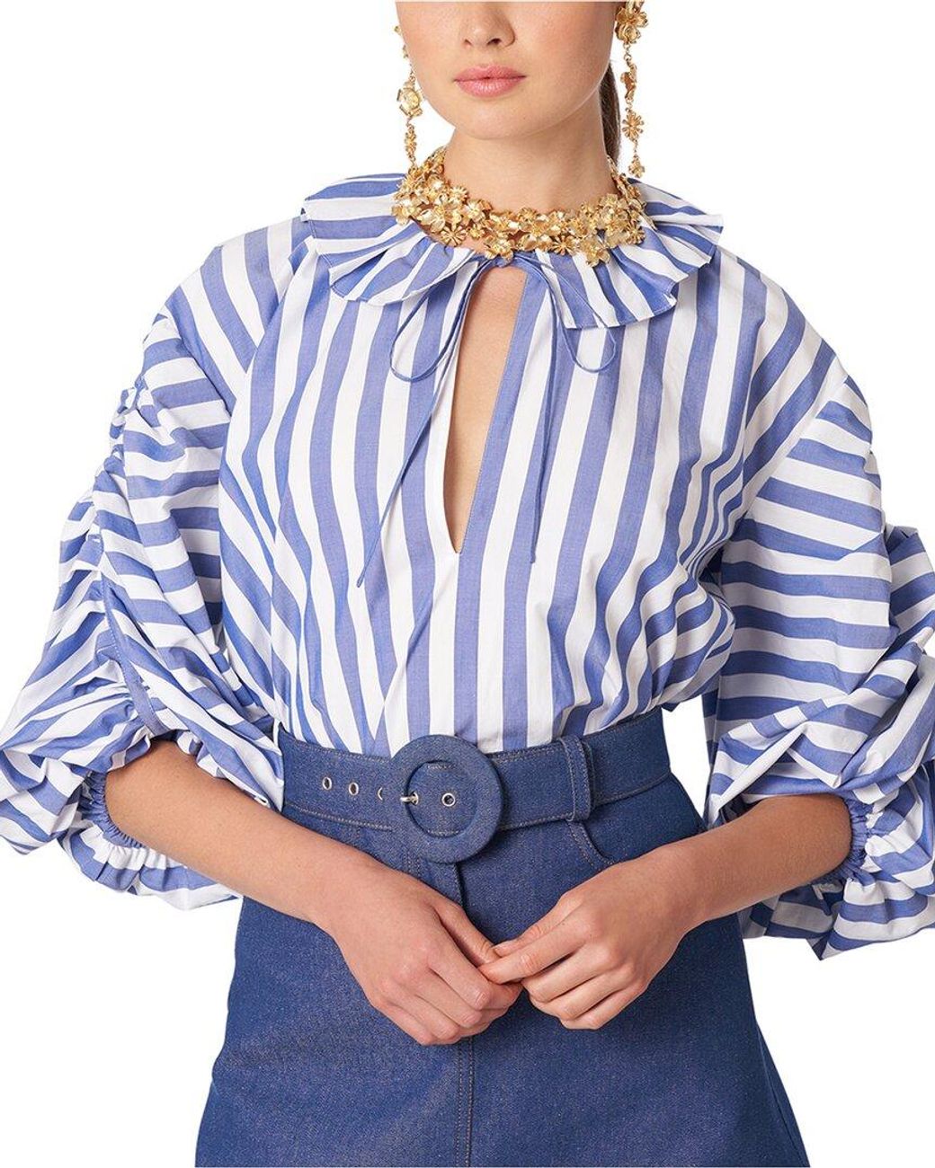 Carolina Herrera Ruffle Shirred Puff Sleeve Blouse in Blue | Lyst