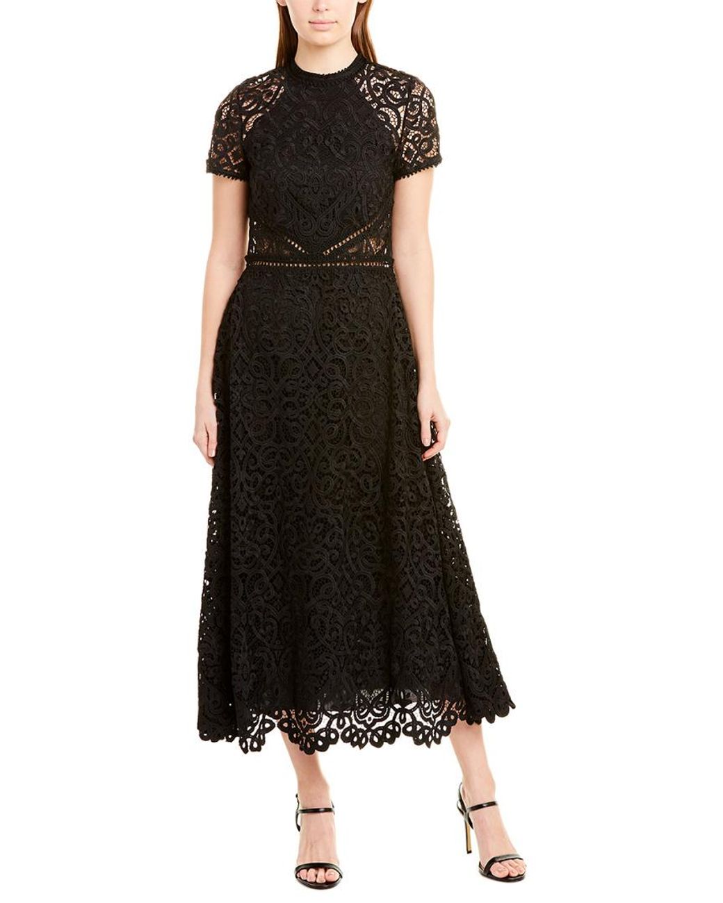 ML Monique Lhuillier Lace Short-sleeve A-line Midi Dress in Black | Lyst