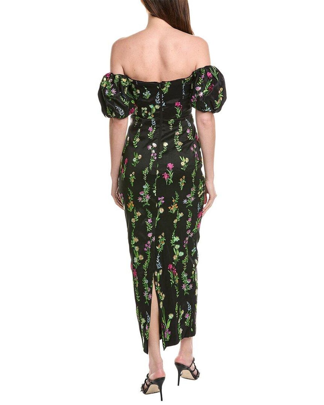 MILLY Green Nira Bloom Embroidery Off The Shoulder Maxi Dress