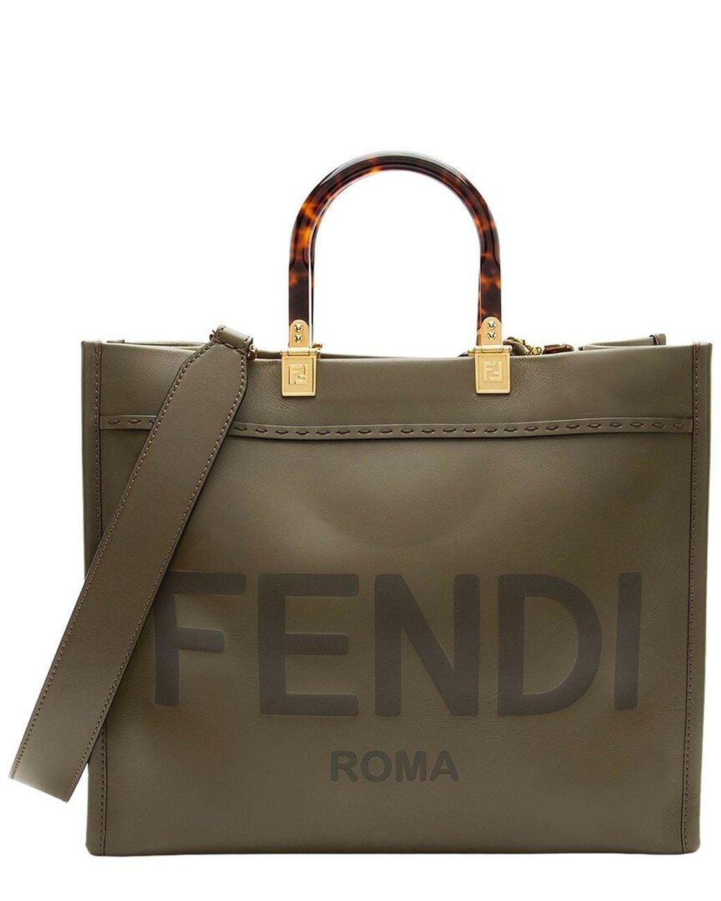 Fendi Brown Green Leather Sunshine Medium Shopper Tote (authentic Pre-loved)