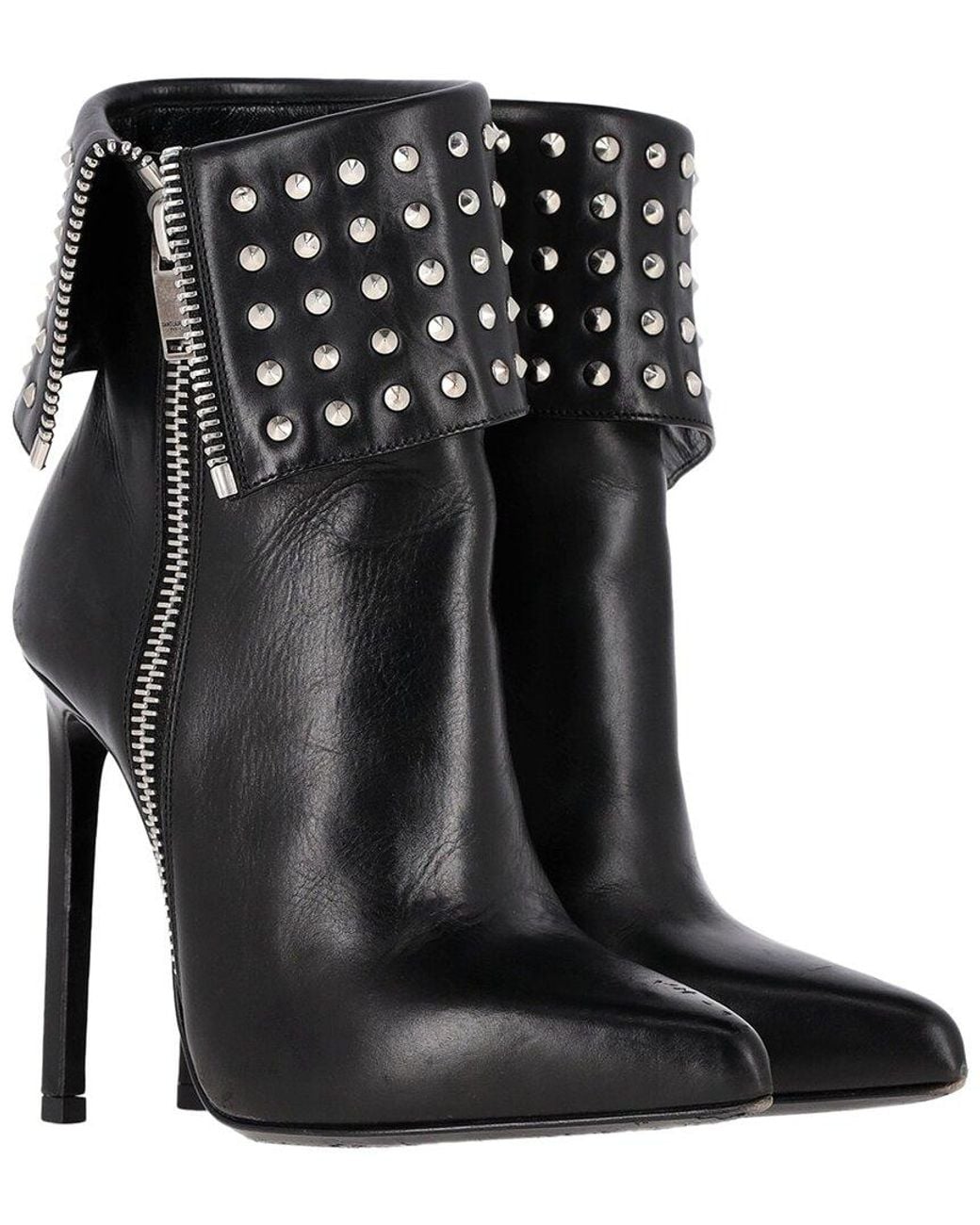 Saint Laurent Black Leather Paris Fold-over Studded Bootie, Size 34.5 (authentic Pre-loved)