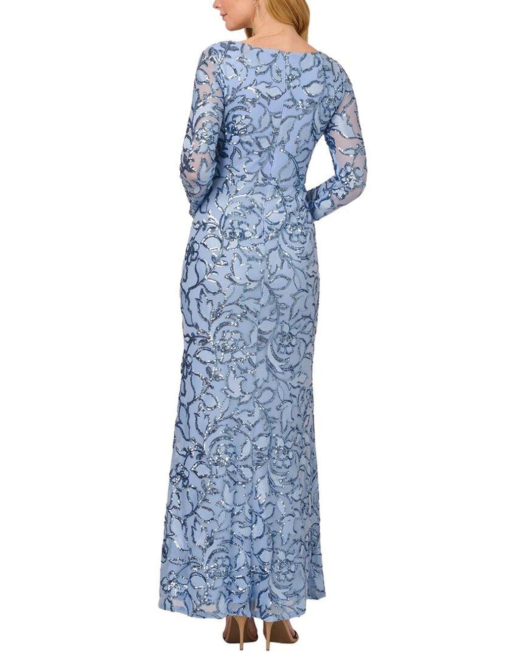 Adrianna Papell Blue Long Sleeves Embellished Maxi Dress