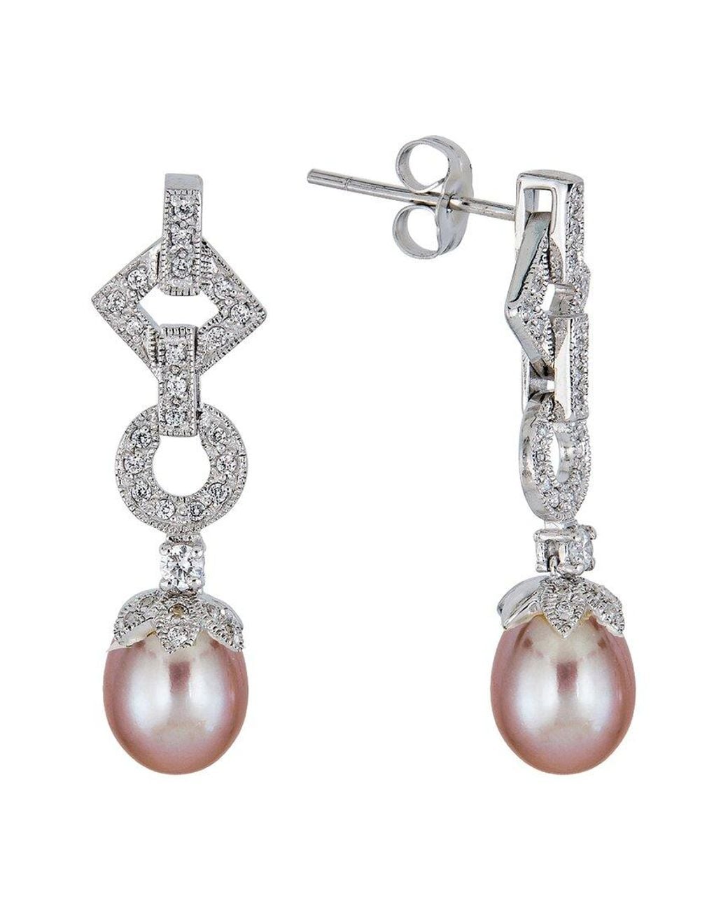 Belpearl White Plated 10Mm Pearl Cz Dangle Earrings