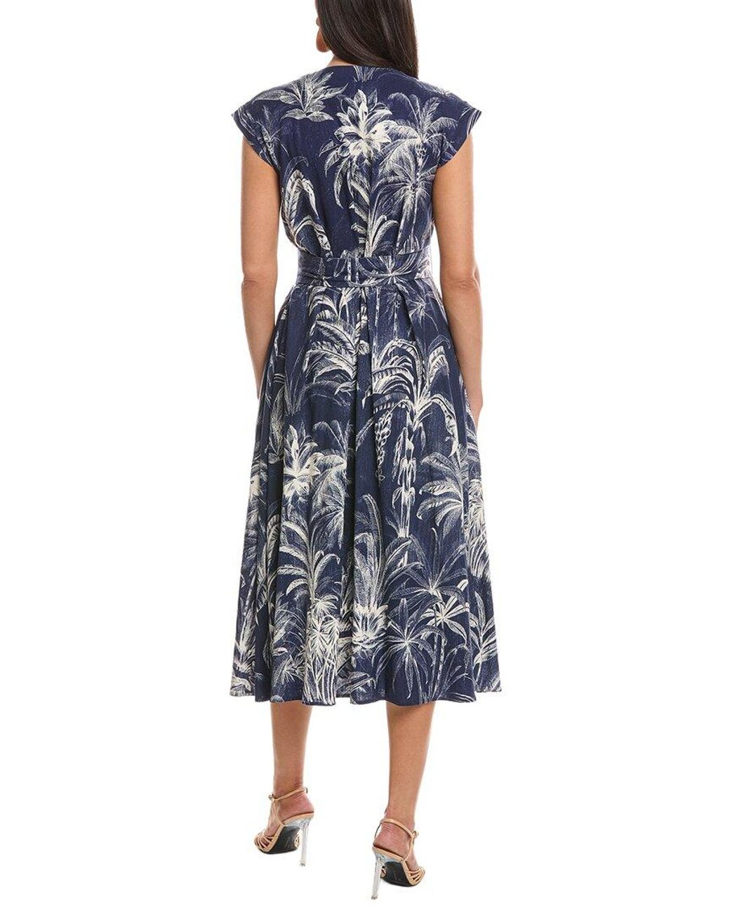 Marella Blue A-Line Belted Linen-Blend Wrap Dress