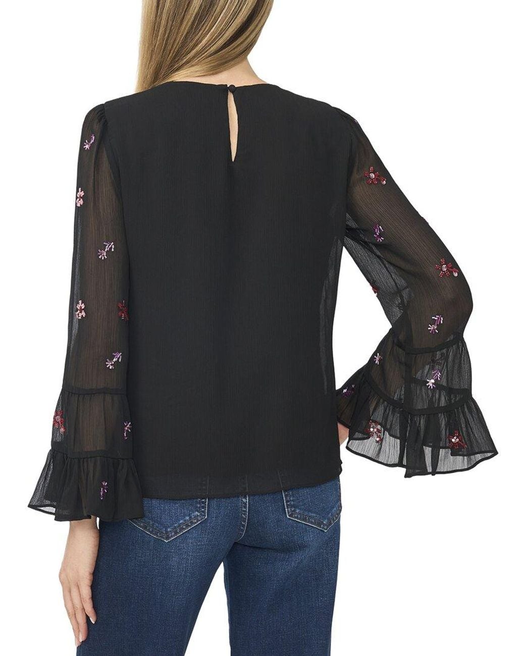 Cece Black Beaded Double Ruffle Cuff Blouse