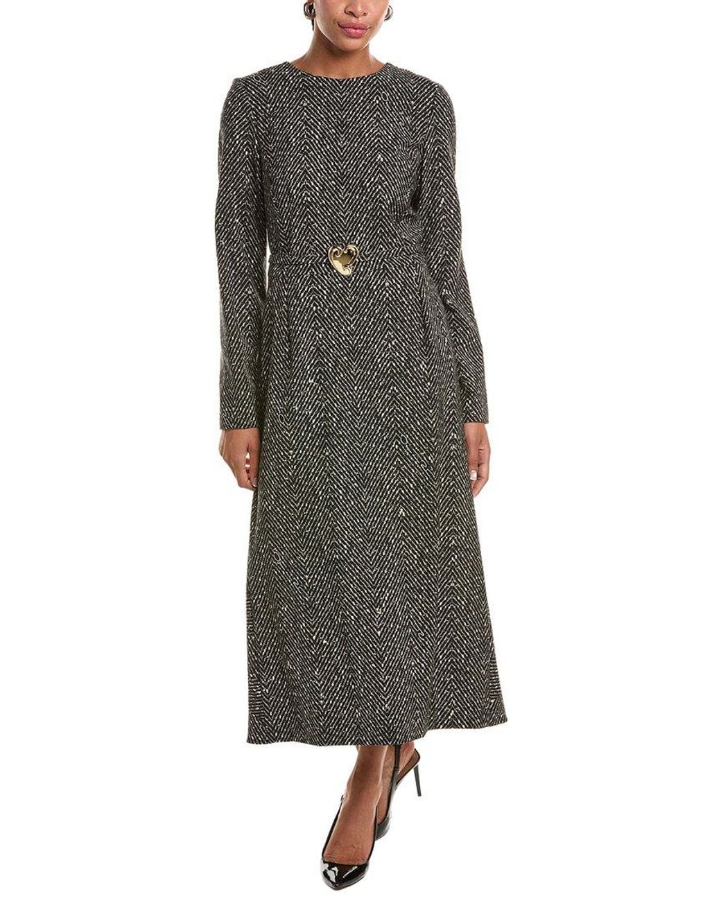 Oscar de la Renta Green Printed Chevron Wool Dress