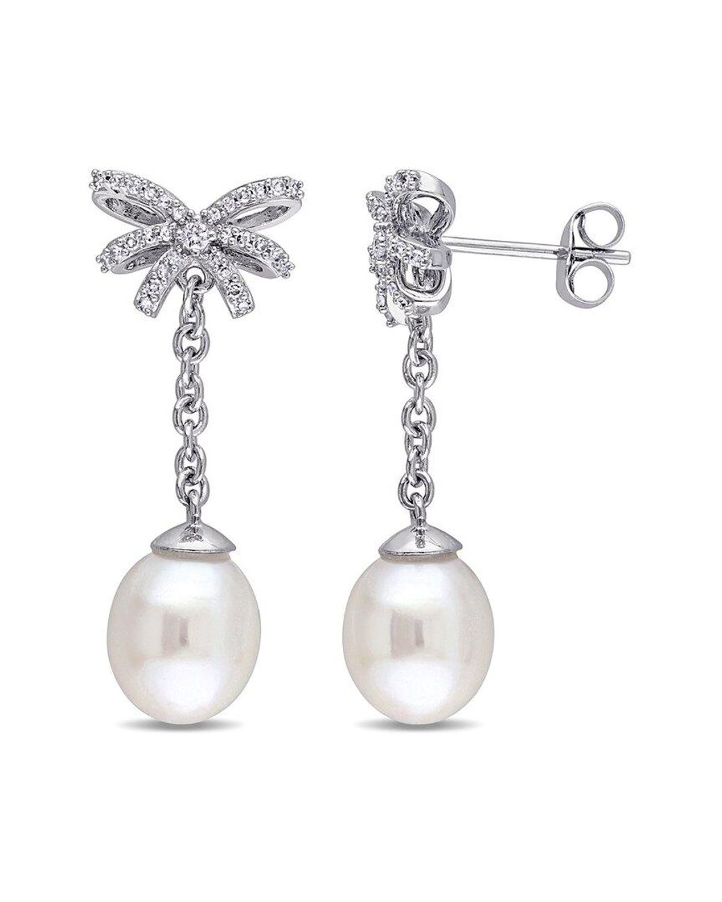 Pearls White 10k 0.21 Ct. Tw. Diamond 8-8.5mm Pearl Dangle Earrings